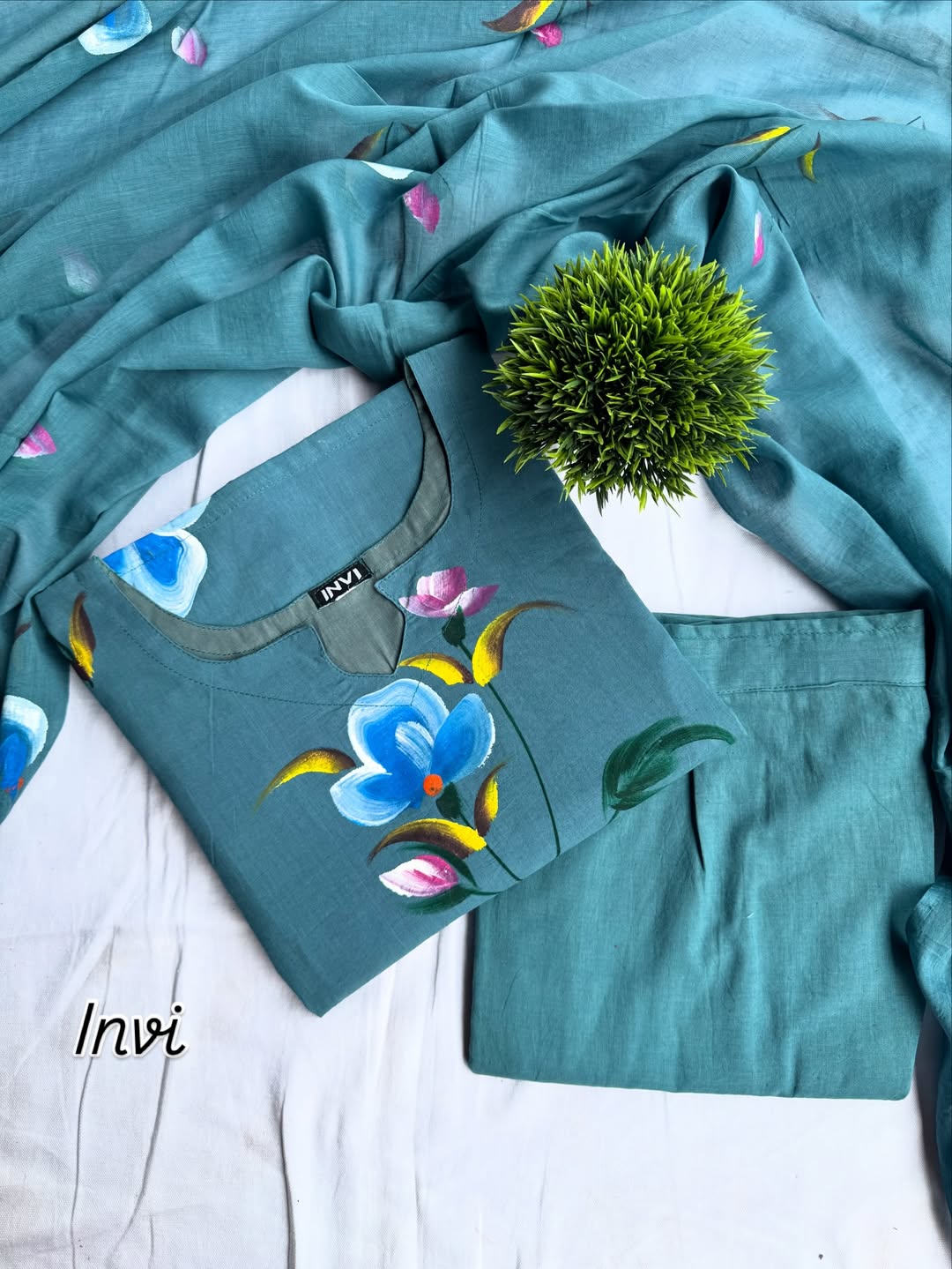 Teal Blue Hand-Painted Floral Set-PI : ICS00056