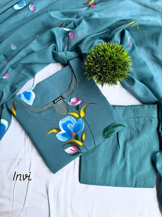 Teal Blue Hand-Painted Floral Set-PI : ICS00056