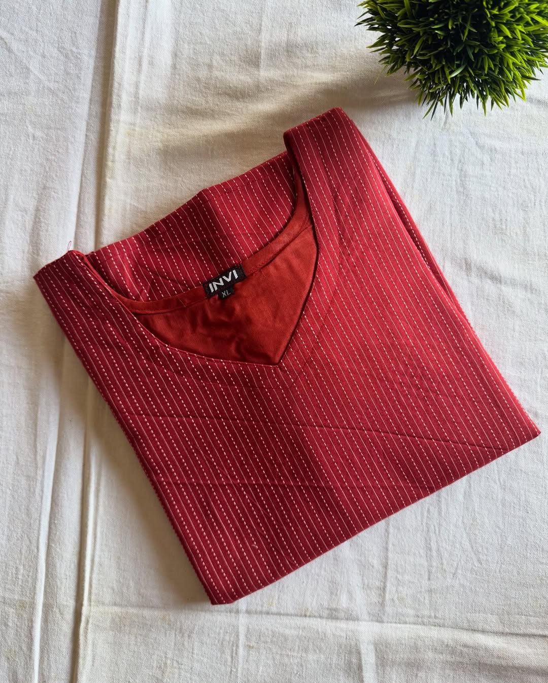 Terracotta Red White Dotted Vertical Stripe Print Kurthi-PI : ICK00058