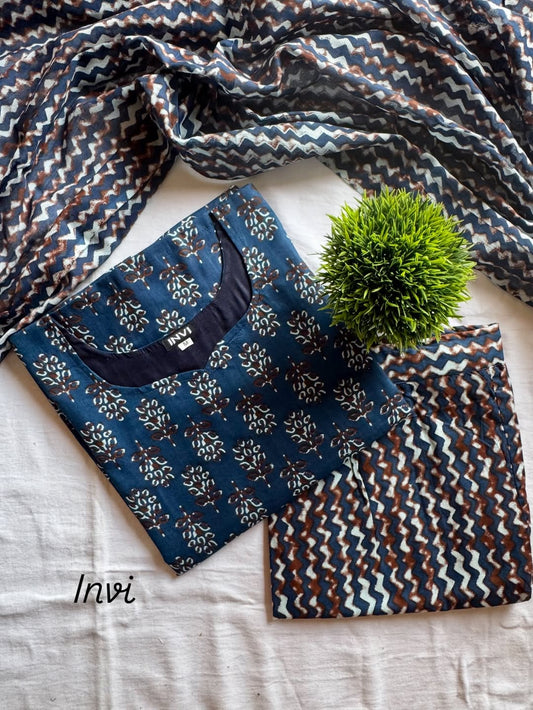 Indigo Blue Hand-Block Floral Salwar Suit Set-PI : ICS00059