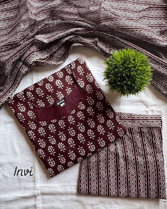 Chocolate Brown Floral Butti Salwar Suit Set-PI : ICS00060