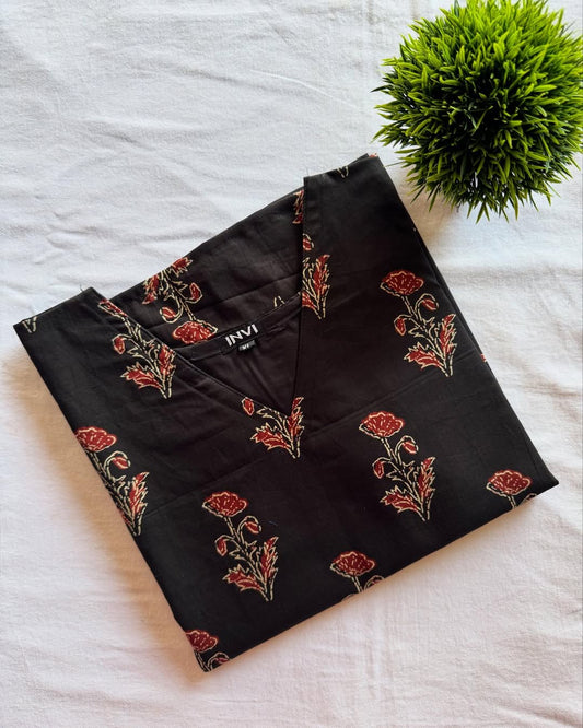 Black with Red Floral Stem Print Kurthi-PI : ICK00064