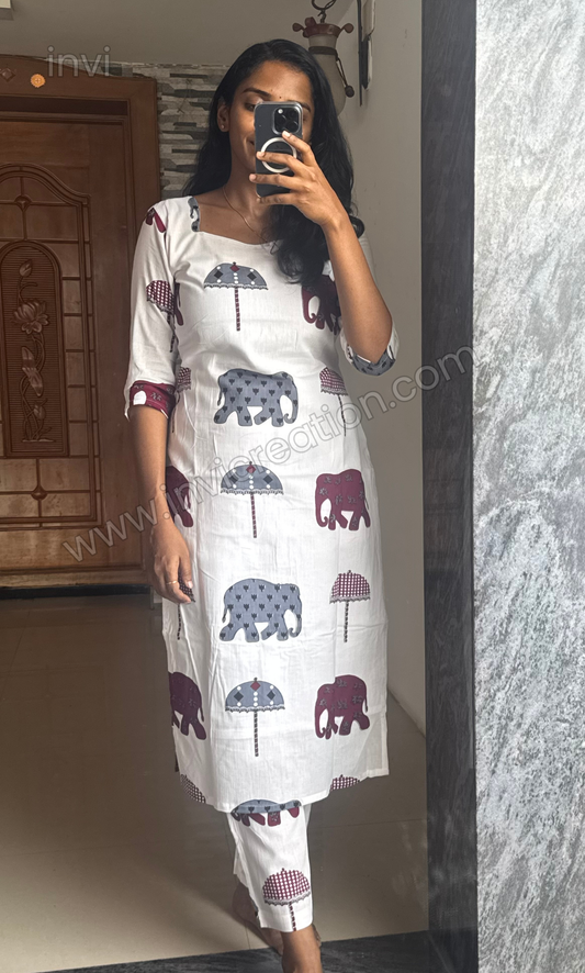 Ivory Umbrella Print Pure Cotton Kurthi Set-PI : ICC00068