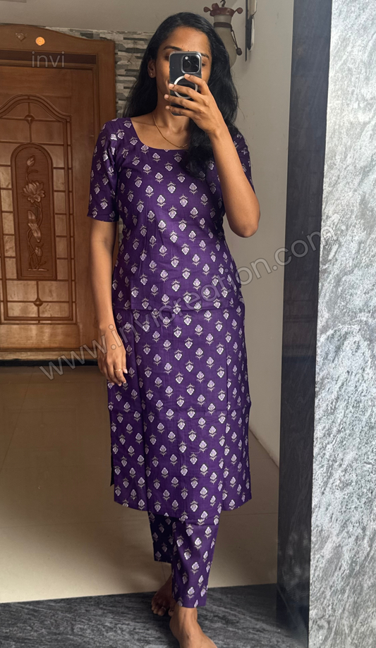Royal Purple Floral Printed Pure Cotton Kurthi Set-PI : ICC00069