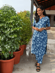 Indigo Bloom Cotton Kurthi Set-PI : ICC00073*