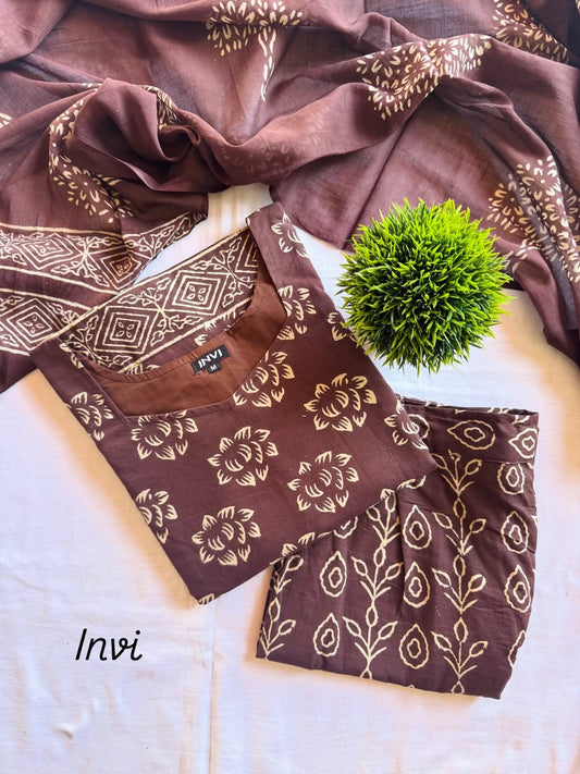 Coffee Brown Hand Block Floral Print Cotton Suit Set-PI : ICS00077