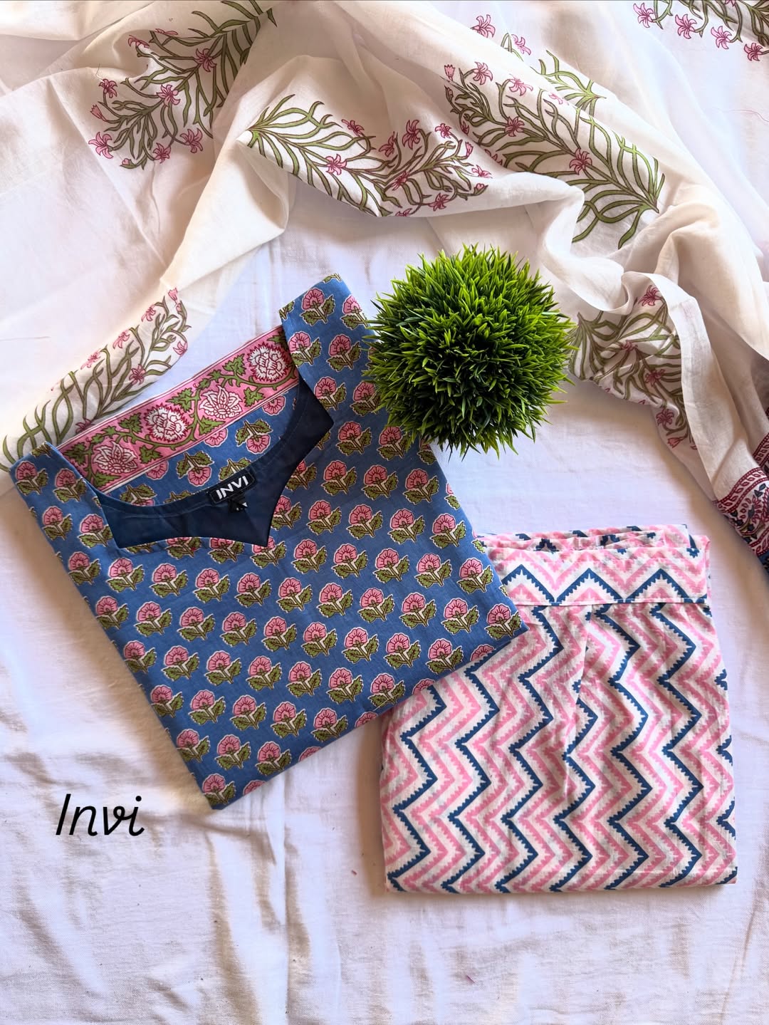Indigo Blue & Pink Floral Block Print Cotton Suit Set-PI : ICS00078