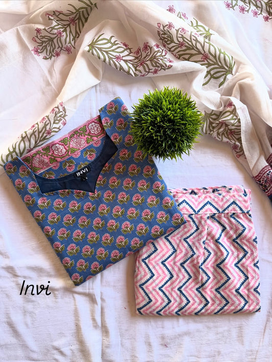 Indigo Blue & Pink Floral Block Print Cotton Suit Set-PI : ICS00078