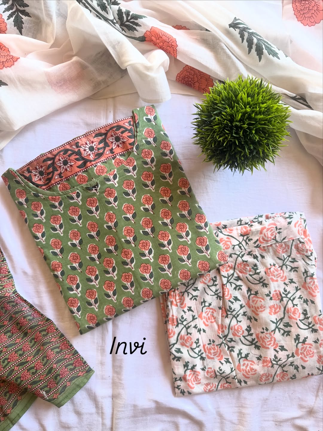 Sage Green & Peach Floral Block Print Cotton Suit Set-PI : ICS00079