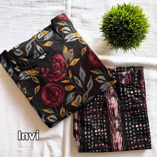 Black Rose & Abstract Stripe Cotton Co-Ord Set-PI : ICC00009