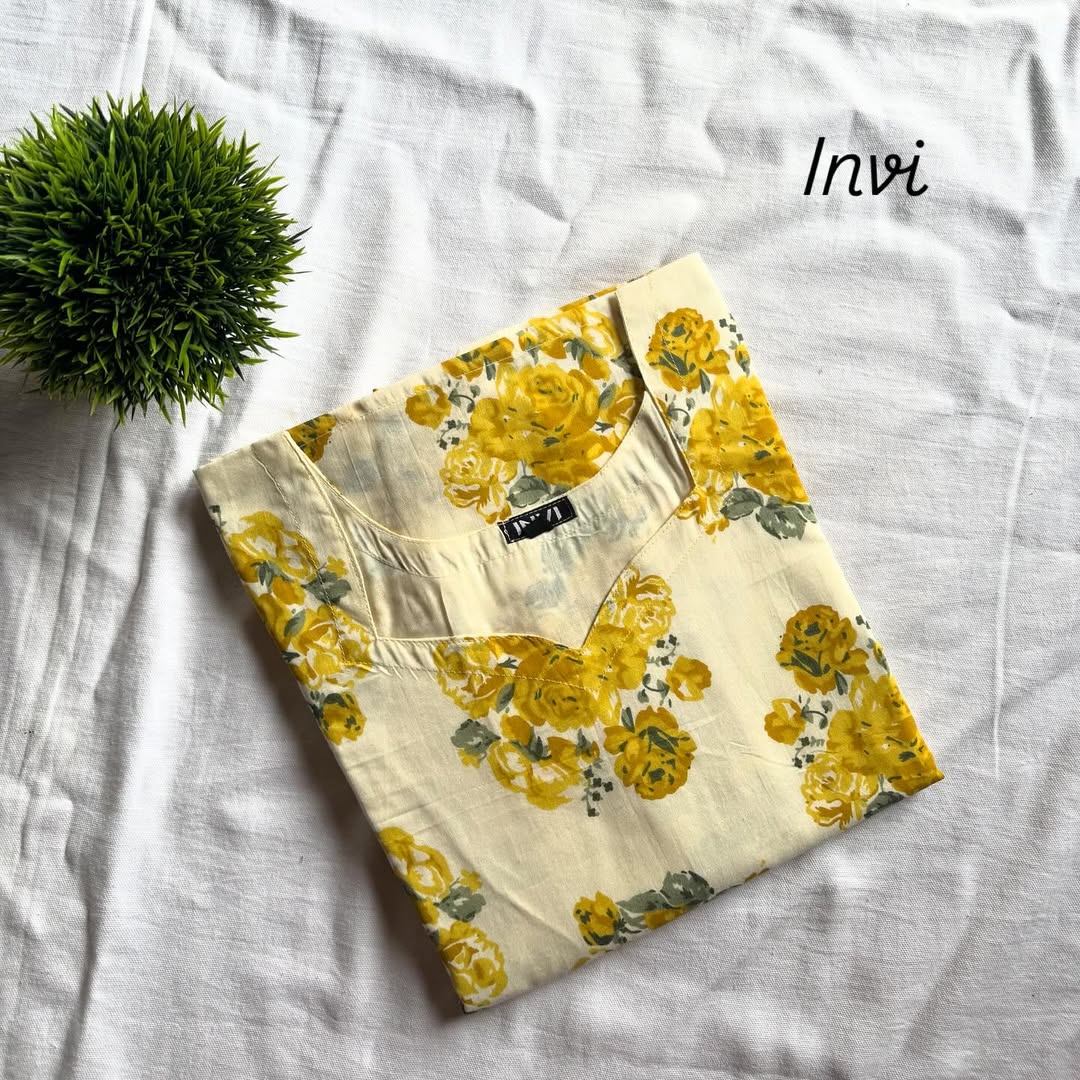 Cream Yellow Floral Printed Cotton Kurthi-PI : ICK00009