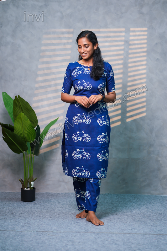Indigo Bicycle Print Premium Cotton Co-ord Set-PI : ICC00060