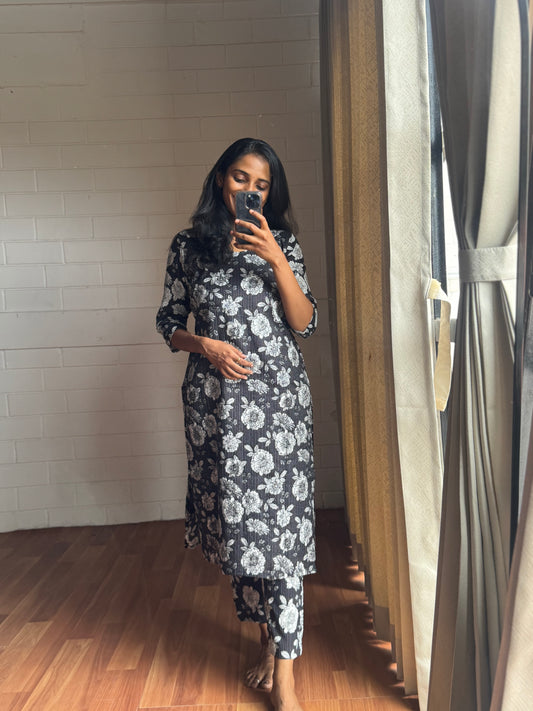 Charcoal Bloom Cotton Kurthi Set-PI : ICC00056