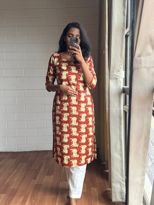 Maroon Heritage Print Pure Cotton Kurthi-PI : ICK00120