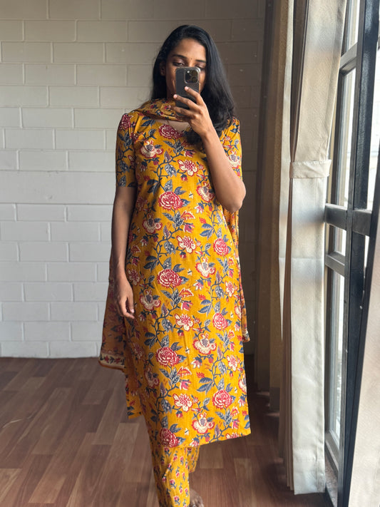 Golden Bloom Premium Cotton Suit Set-PI : ICS00138