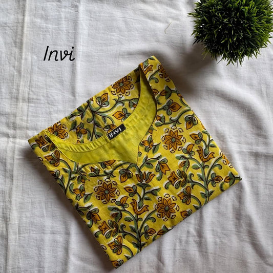 Yellow Floral Printed Cotton Kurthi-PI : ICK00008
