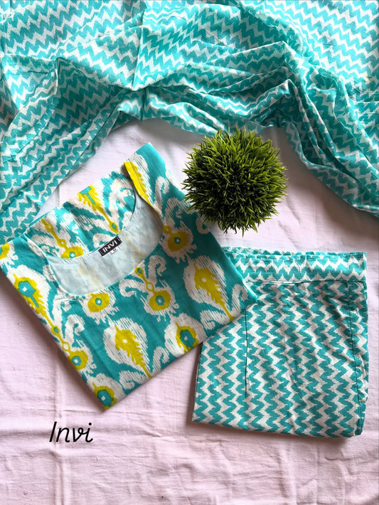 Aqua Blue Printed Cotton Salwar Suit Set-PI : ICS00001