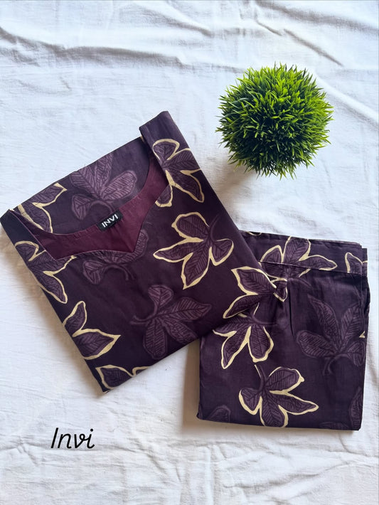 Plum Leaf Print Cotton Co-Ord Set-PI : ICC00001