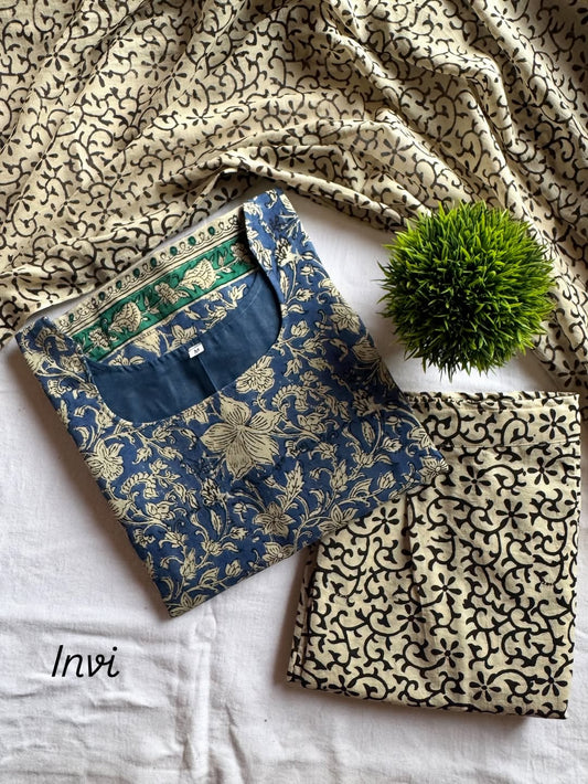 Blue & Beige Printed Cotton Salwar Suit Set-PI : ICS00004