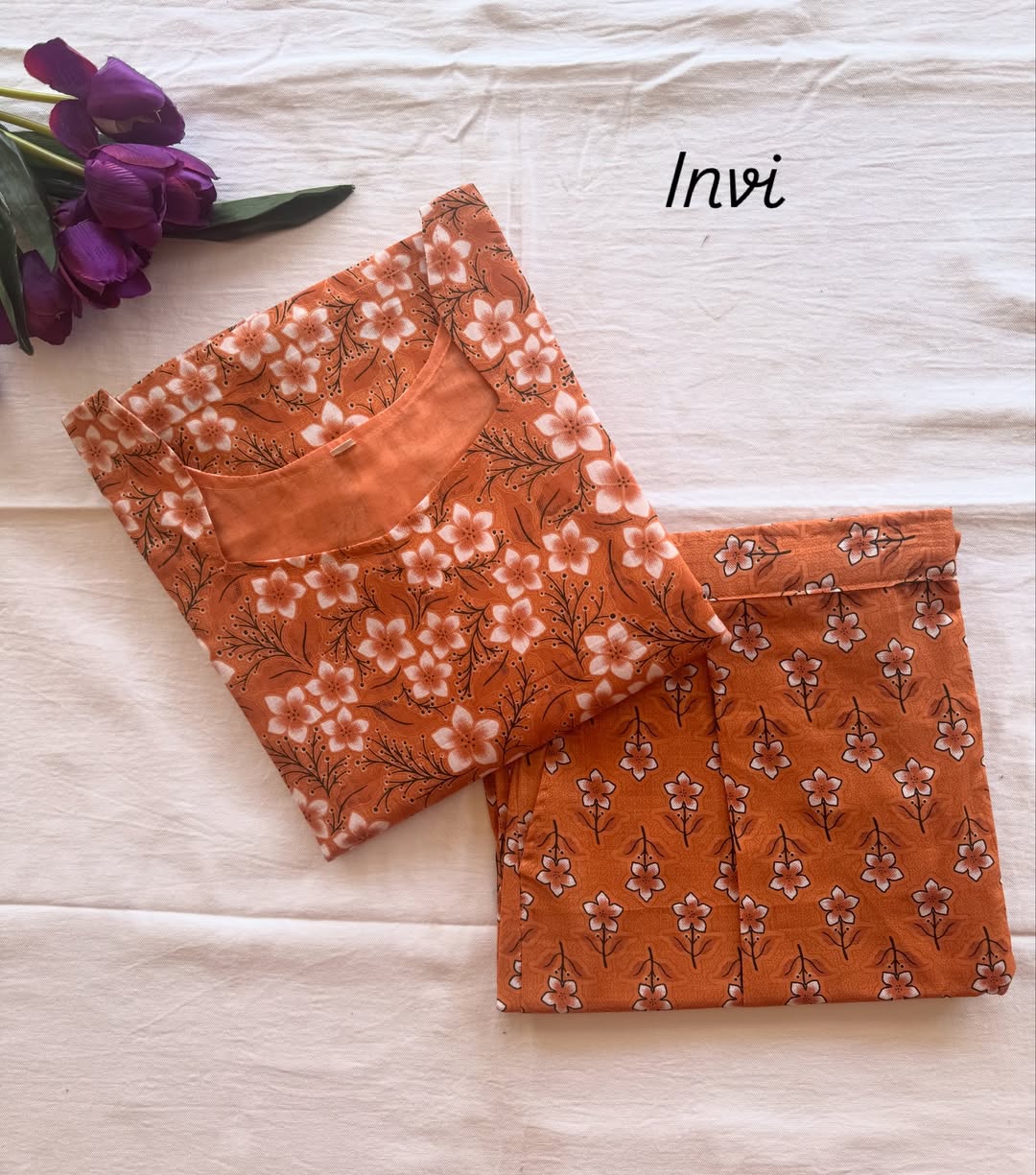 Orange Floral Cotton Kurthi Set-PI : ICC00027