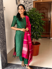 Premium Raw Silk Emerald Green Checked Salwar Set-PI : ICP00198*