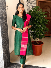 Premium Raw Silk Emerald Green Checked Salwar Set-PI : ICP00198*