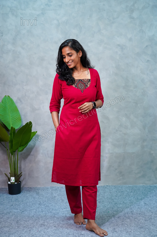 Elegant Maroon Cotton Ethnic Kurthi Set-PI : ICC00062