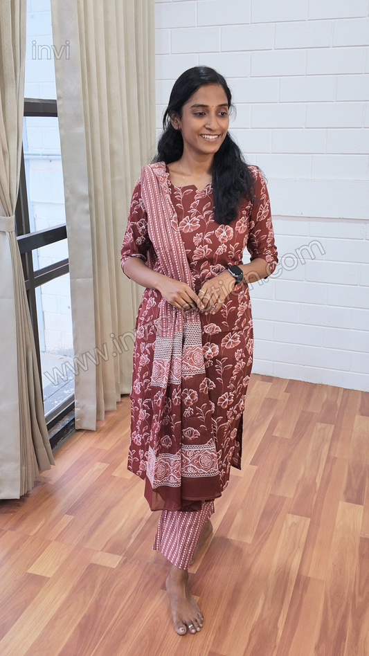 Brown Floral Cotton Salwar Suit-PI : ICS00153