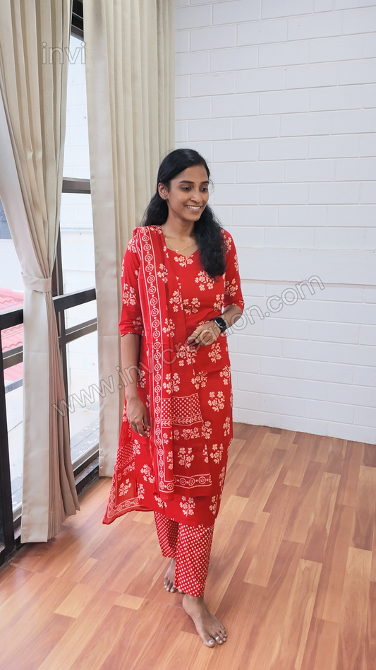 Red Floral Print Cotton Salwar Suit Set-PI : ICS00155