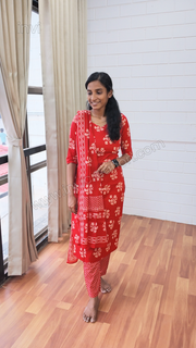 Red Floral Print Cotton Salwar Suit Set-PI : ICS00155