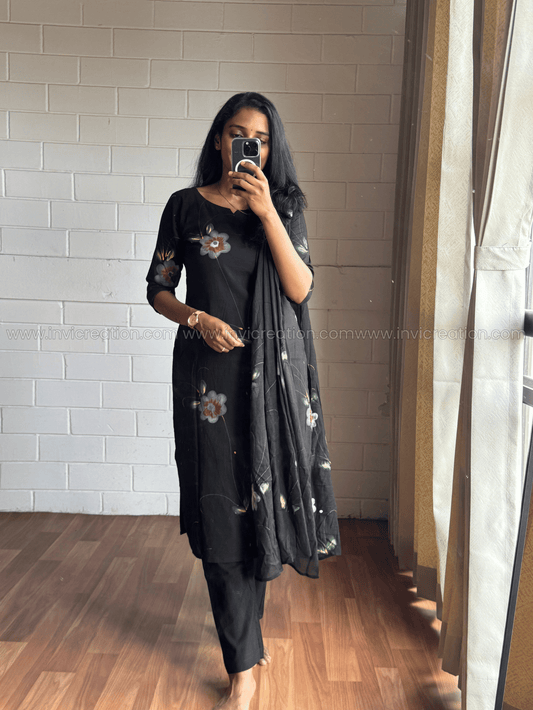 Black Floral Cotton Kurta Pant Set-PI : ICS00163