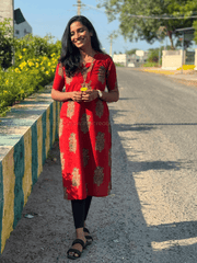Rust Red Cotton Kurti with Printed Border-PI : ICK00140*