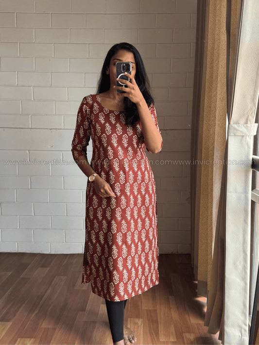 Rust Bloom Printed Cotton Kurti-PI : ICK00146*