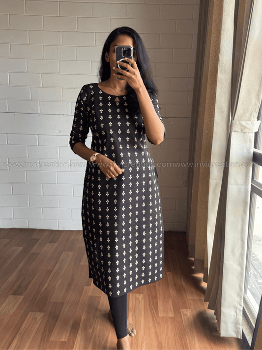 Black Floral Print Cotton Kurti-PI : ICK00145*