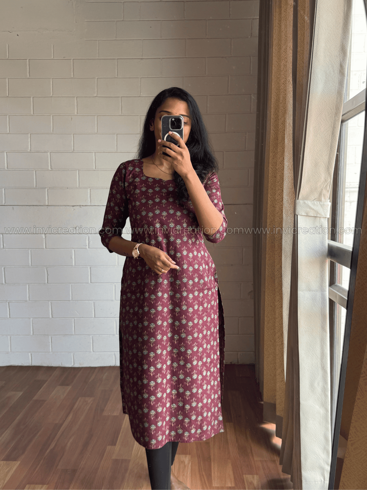 Maroon Floral Print Cotton Kurti-PI : ICK00144*