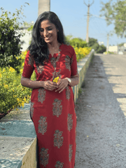 Rust Red Cotton Kurti with Printed Border-PI : ICK00140*