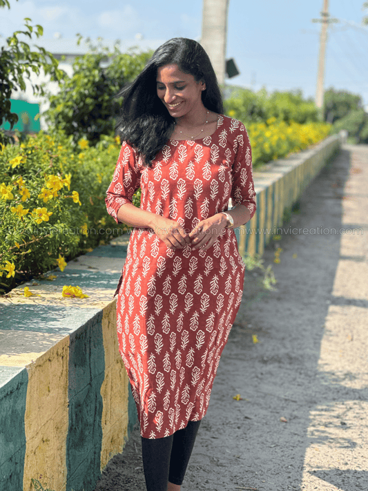 Rust Bloom Printed Cotton Kurti-PI : ICK00146*