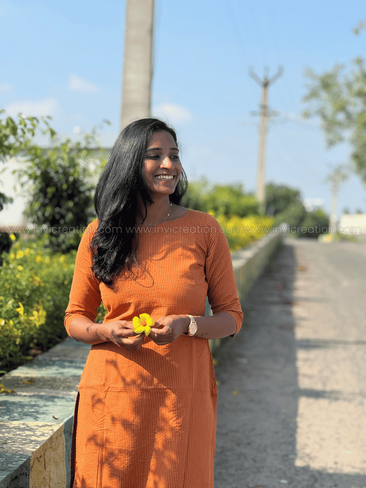 Rust Brown Striped Cotton Kurti-PI : ICK00143*