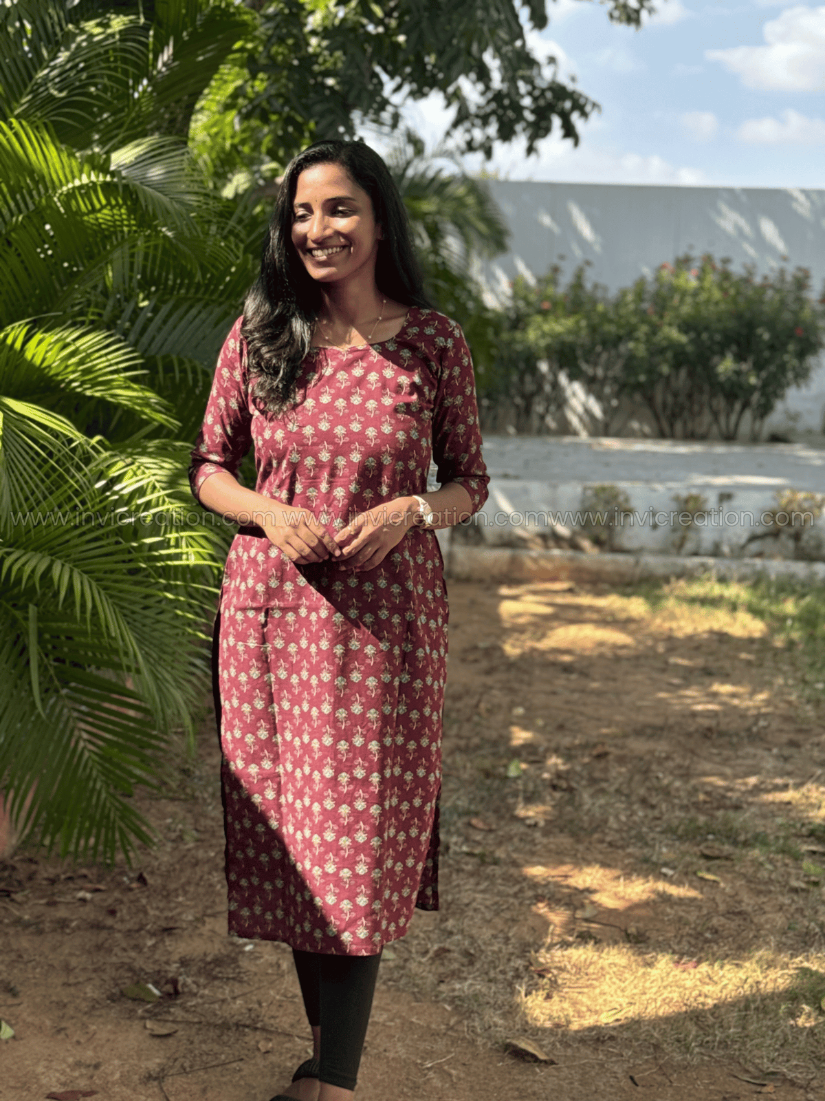 Maroon Floral Print Cotton Kurti-PI : ICK00144*