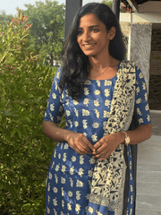 Indigo Blue & Ivory Floral Print Cotton Salwar Set-PI : ICS00178