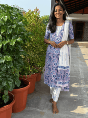 Lavender Blue Floral Cotton Salwar Set-PI : ICS00182