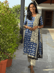Indigo Blue & Ivory Floral Print Cotton Salwar Set-PI : ICS00178