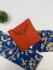 Rust Orange & Royal Blue Floral Printed Cotton Salwar Set-PI : ICS00187