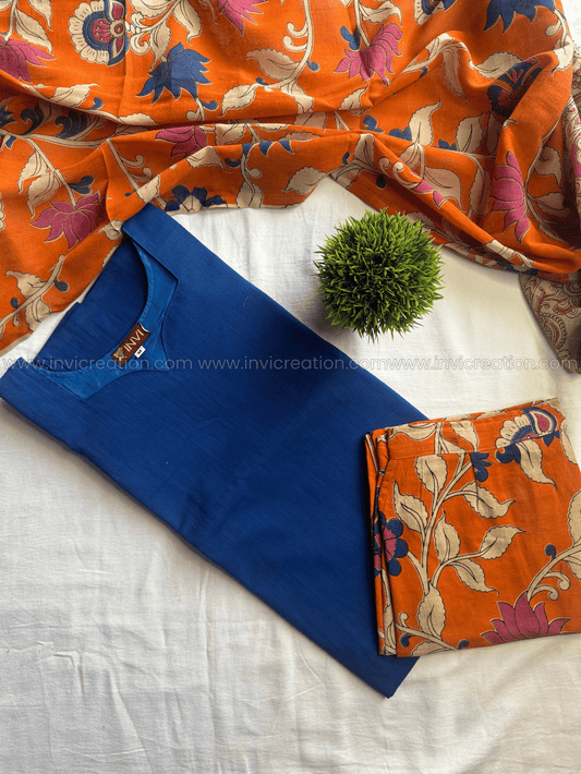 Navy Blue & Orange Floral Printed Kurti Pant Set-PI : ICS00185