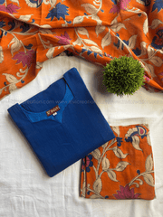 Navy Blue & Orange Floral Printed Kurti Pant Set-PI : ICS00185