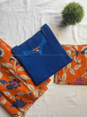 Navy Blue & Orange Floral Printed Kurti Pant Set-PI : ICS00185