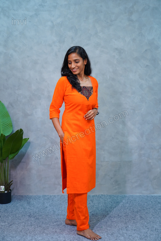 Premium Pure Cotton Orange Kurthi Set-PI : ICC00064