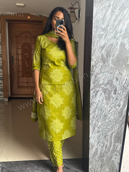 Olive Green Handblock Print Cotton Suit Set-PI : ICS00140