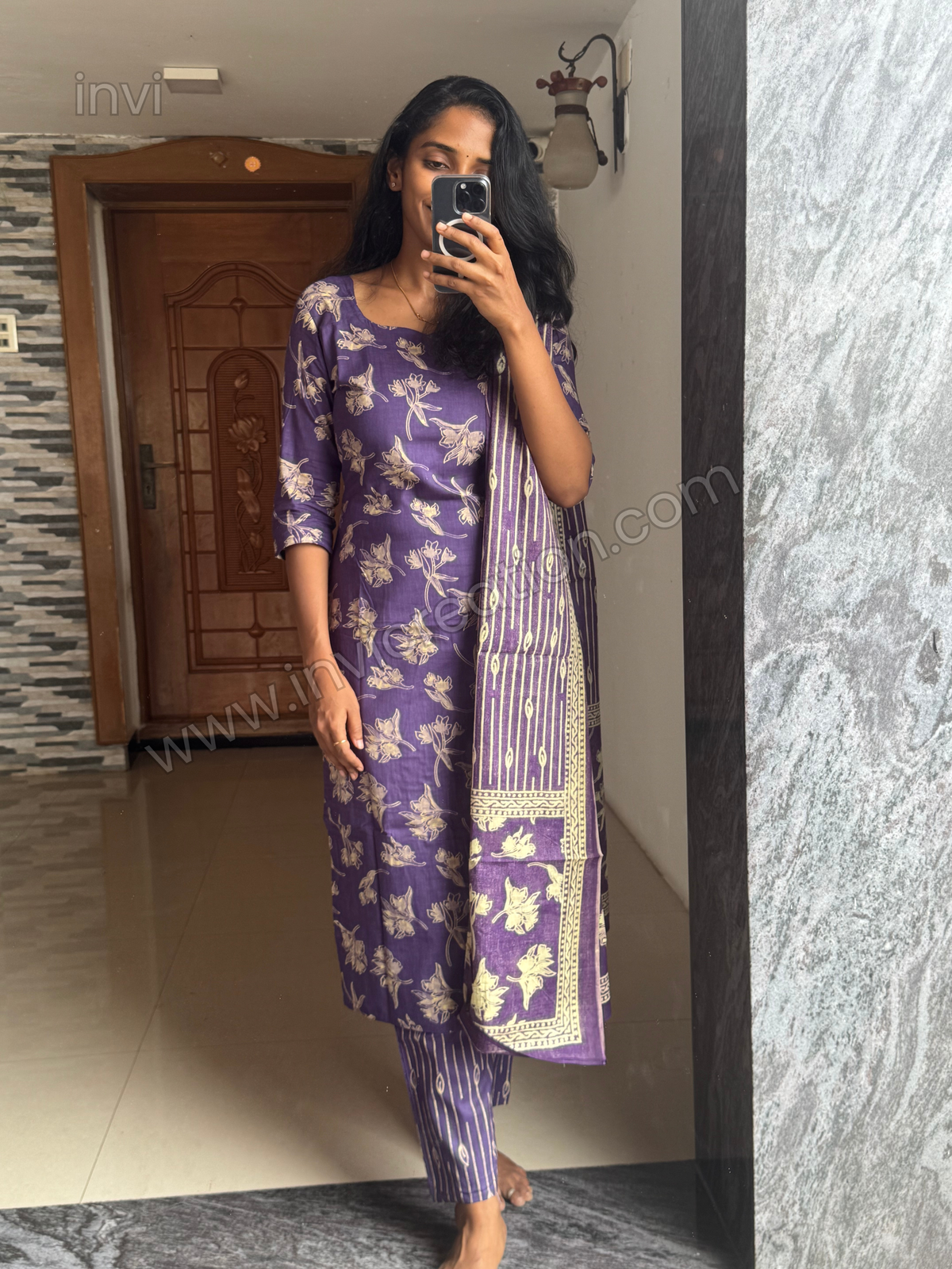 Royal Purple Floral Print Pure Cotton Suit Set-PI : ICS00142