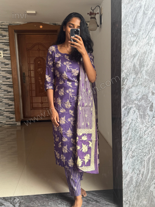 Royal Purple Floral Print Pure Cotton Suit Set-PI : ICS00142